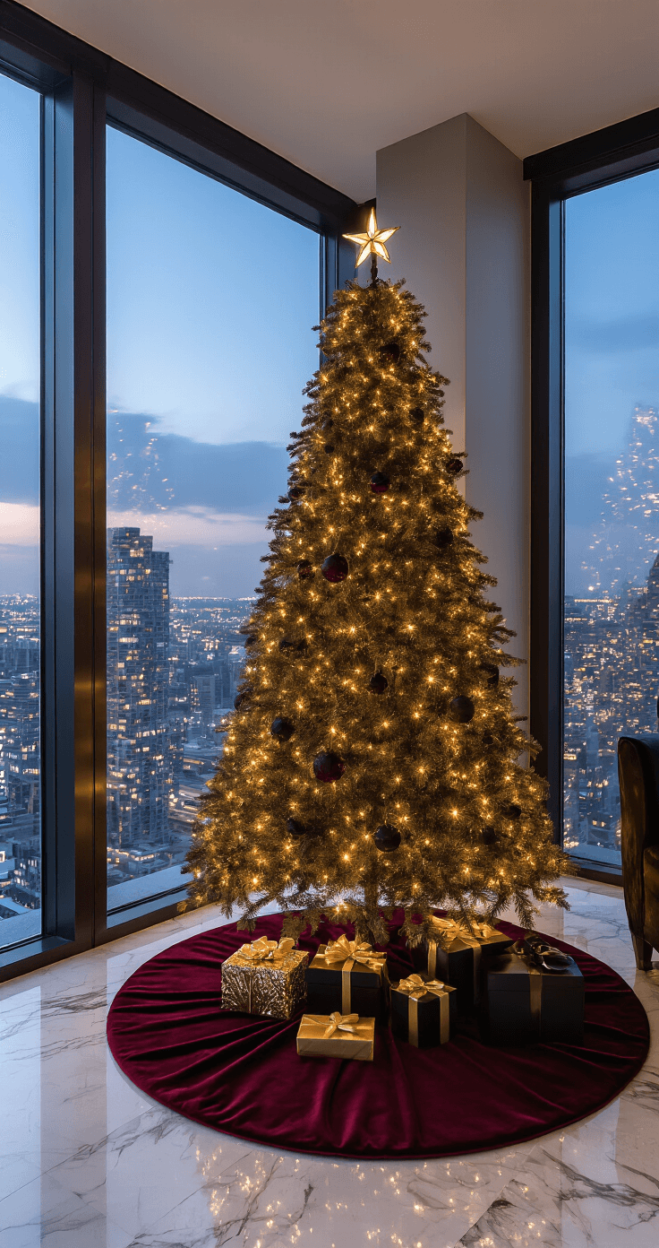 A luxurious modern living space featuring a deep burgundy velvet tree skirt under a designer artificial tree, marble floors, and metallic gold and black accent furniture, illuminated by dramatic side lighting. Floor-to-ceiling windows reveal an urban cityscape at twilight, with carefully curated designer presents in metallic wrapping, showcasing a rich color palette of deep burgundy, gold, and black.