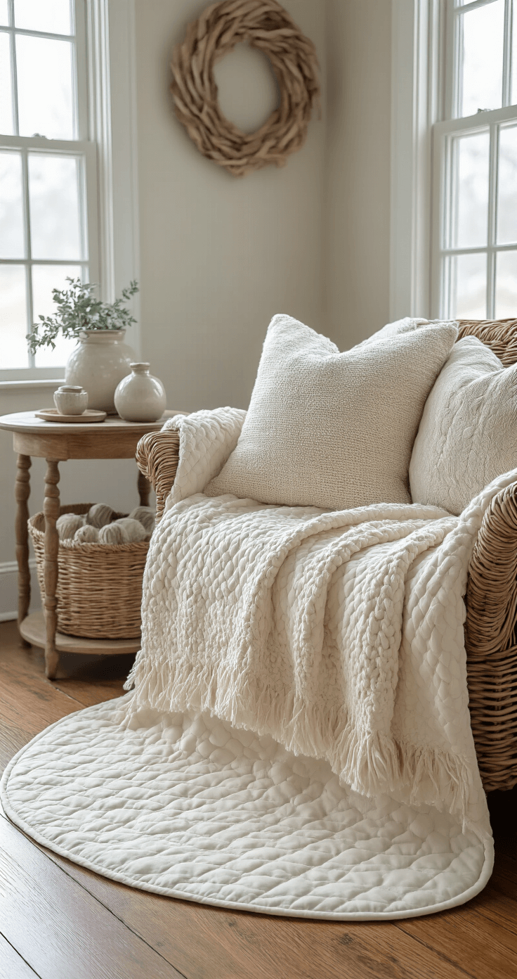 Cozy cottage-style living room featuring layered cream quilted cotton and woven wicker tree skirts, worn hardwood floors, a soft knitted throw, and a vintage side table, illuminated by soft afternoon winter light with handmade ceramic ornaments, all in a warm color palette of cream, browns, and sage green, emphasizing a handcrafted, inviting atmosphere.