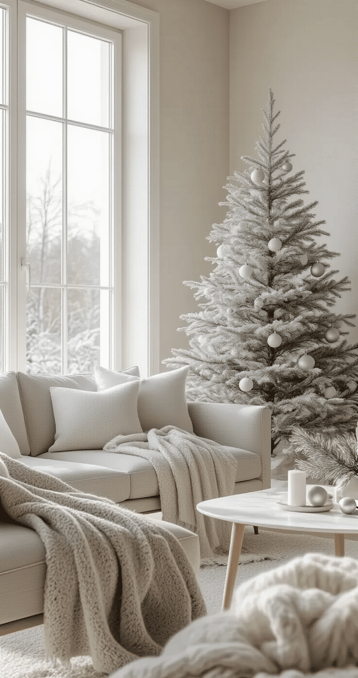 Ultra-detailed Scandinavian minimalist Christmas living room featuring a single elegant white tree, mid-century modern furniture with soft gray wool throws, pale cream walls, natural pine branches on a white marble side table, and subtle silver and white ornaments. Soft winter afternoon light filters through large picture windows, highlighting clean lines and textural details in a muted color palette.