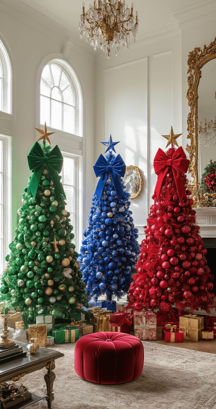 A vibrant maximalist Christmas scene featuring three themed trees in emerald, sapphire, and ruby jewel tones, adorned with oversized velvet bows, surrounded by baroque-style gold picture frames, clusters of vintage glass baubles, and dramatic theatrical lighting that highlights the interplay of rich textures and saturated colors in an open-concept living space.