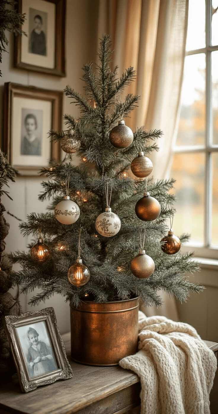 A cozy rustic Christmas corner featuring heirloom glass ornaments on a distressed cedar branch tree, warm Edison bulb lighting, and an antique copper planter as a base, accompanied by linen curtains, a weathered wooden side table with a cream throw, and nostalgic family photographs in silver frames, all bathed in soft golden afternoon light with a warm sepia color palette.