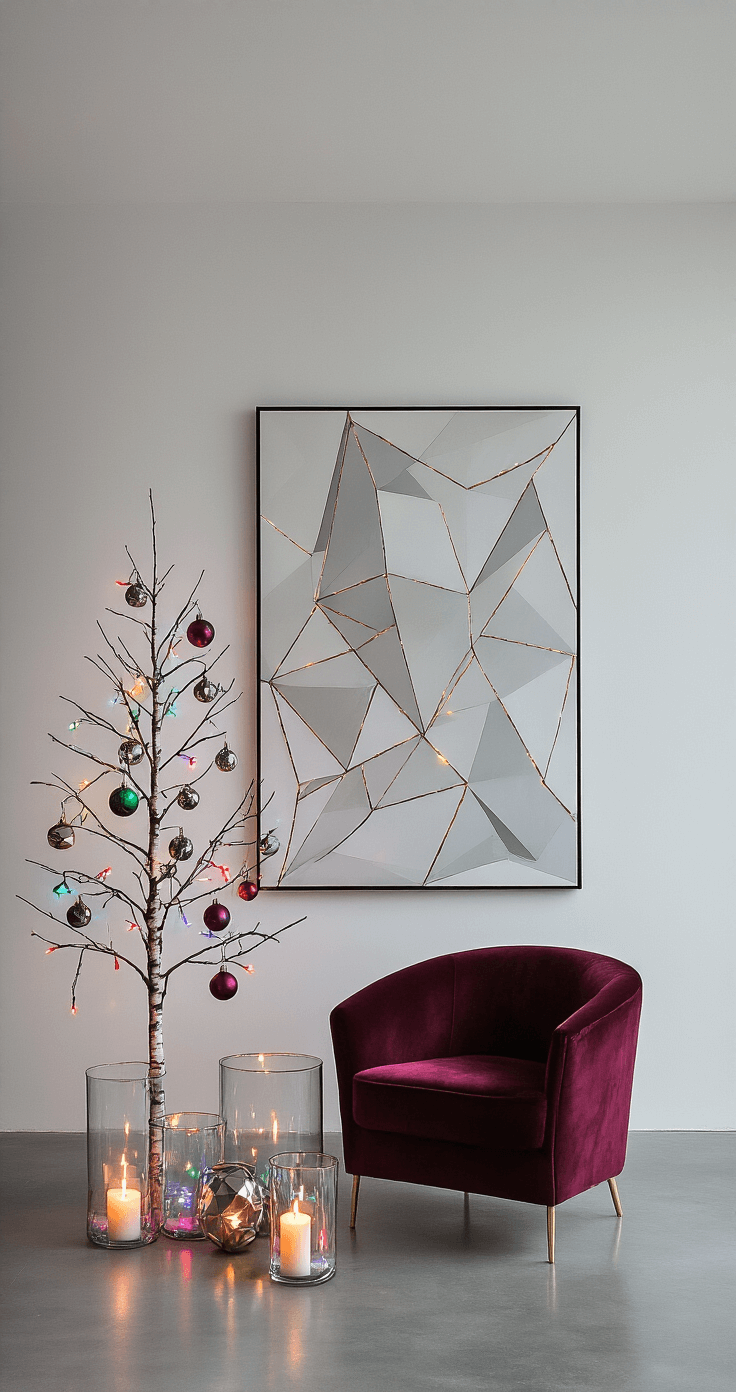 A modern Christmas scene featuring multi-colored fairy lights in glass hurricane vases, a birch tree alternative adorned with metallic geometric ornaments, and a minimalist white room with concrete floors. The setting includes strategic accent lighting, an oversized abstract art piece in the background, a deep burgundy velvet armchair, and dimmable candles that provide a soft ambient glow, all captured in a high-contrast professional studio photography style.