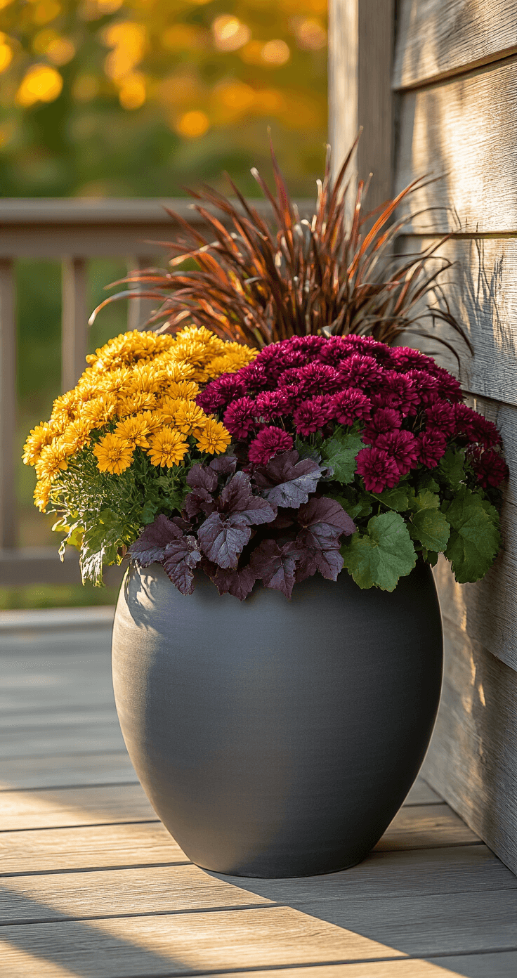 A beautifully composed fall porch scene featuring a large charcoal gray ceramic planter asymmetrically positioned on a wooden porch, illuminated by golden afternoon sunlight. The planter is filled with burgundy mums, deep chocolate heuchera, cascading sweet potato vine 'Blackie', and delicate purple ornamental kale, creating a rich autumn color palette. The low-angle shot highlights intricate layers of plants and soft shadows against a blurred weathered cedar plank background.