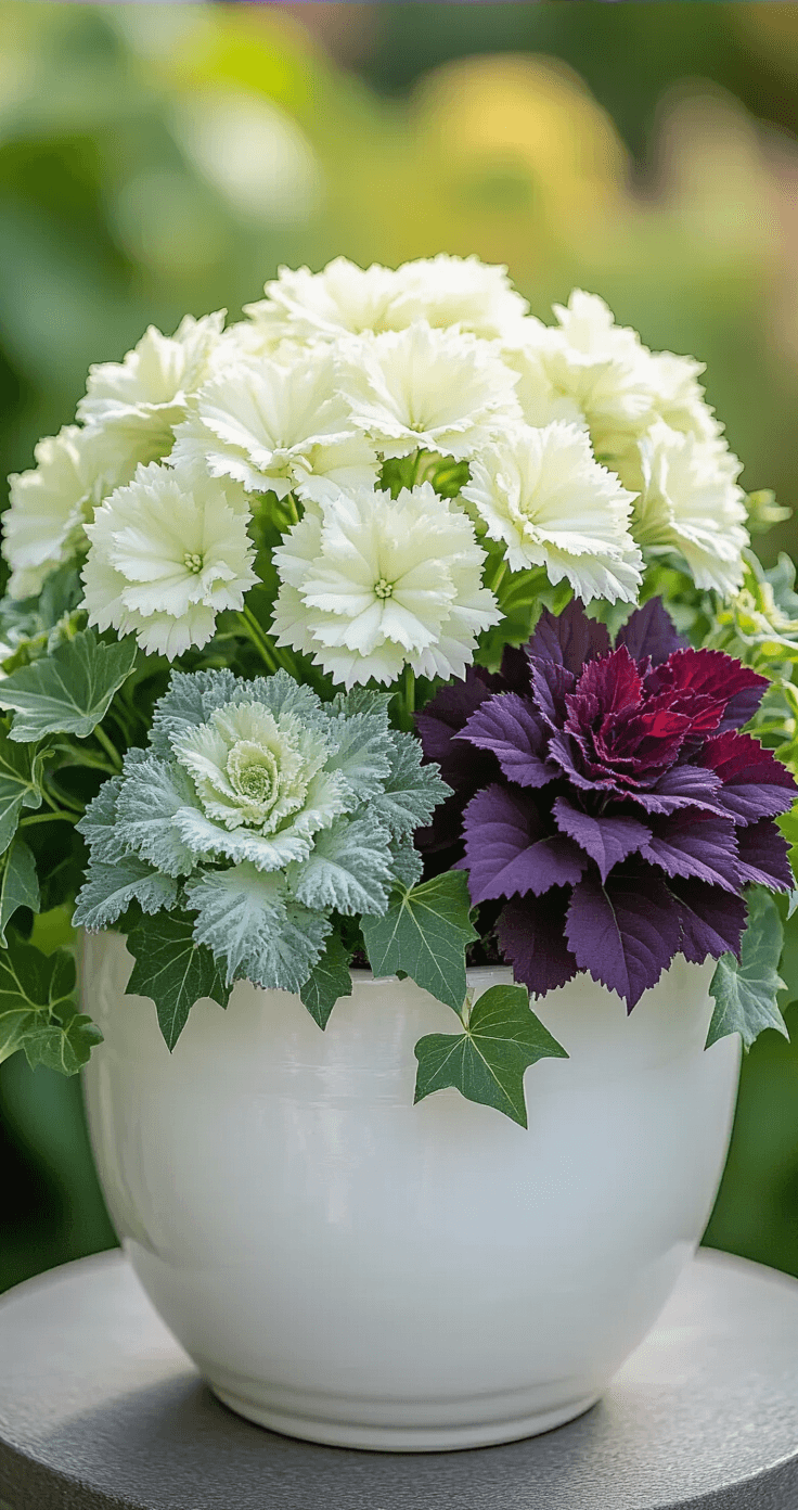An elegant fall planter arrangement featuring a white glazed container filled with white flowering kale, silvery dusty miller, pale green ornamental cabbage, and a plum-colored heuchera, with variegated ivy spilling over the edges, all captured in soft morning light against a blurred garden background.