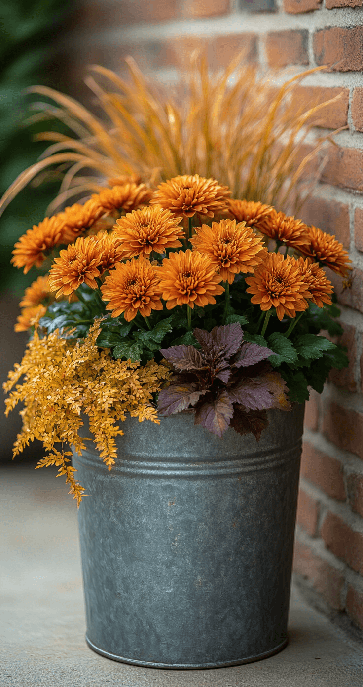Close-up of a fall planter featuring a galvanized metal container with weathered patina, containing orange and amber mums as the focal point, surrounded by golden creeping jenny, bronze heuchera, and rusty fountain grass, set against a soft-focus brick wall, with soft side lighting enhancing the textures and water droplets on the plants.