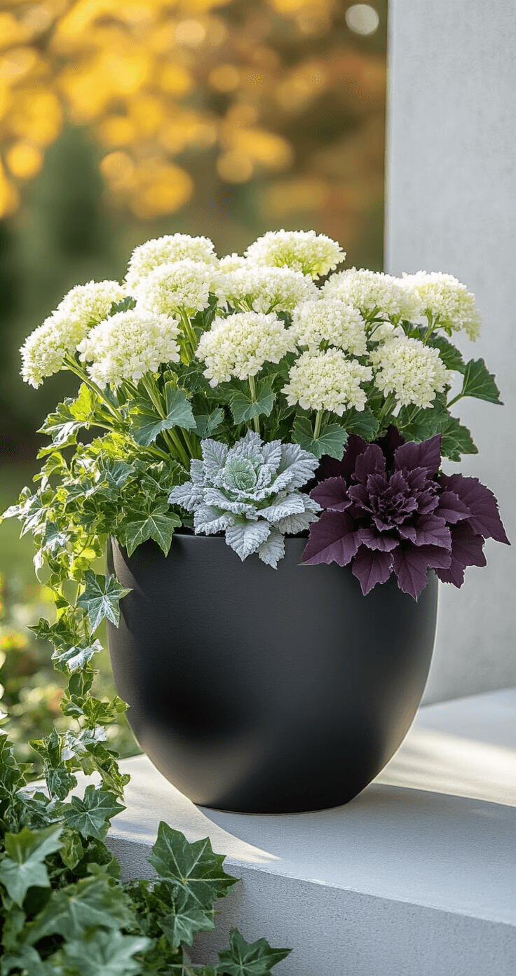 Modern minimalist fall planter scene with a sleek black ceramic container on a concrete porch, featuring white flowering kale at the center and surrounded by silver dusty miller, pale green ornamental cabbage, and a dramatic plum heuchera. Variegated ivy cascades gracefully, with clean morning light highlighting the forms and shadows, reflecting an urban garden aesthetic.