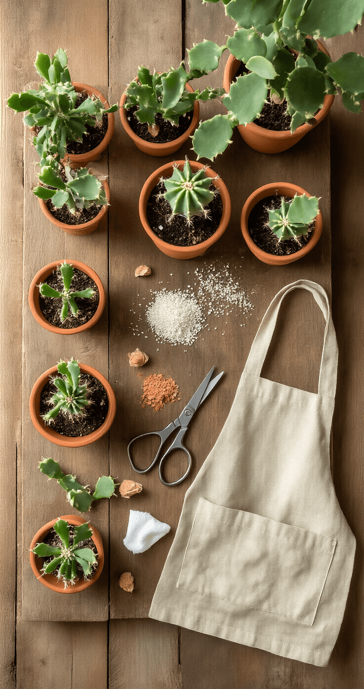 Overhead view of a rustic wooden potting bench in soft morning light, showcasing stages of Christmas cactus propagation with terracotta pots of green cuttings, scattered perlite, pruning scissors, and paper towels, all set in a warm color palette of sage and terra cotta.