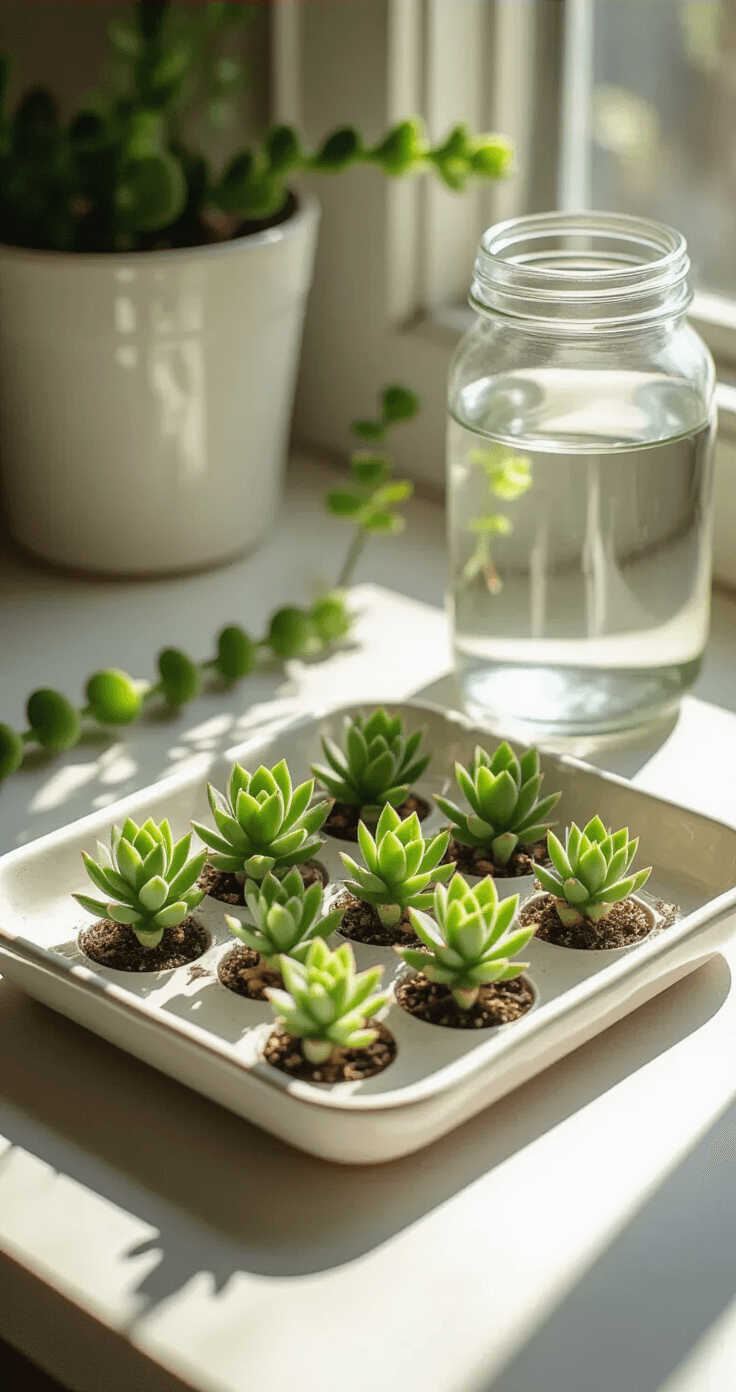 Close-up of a sunlit kitchen counter featuring a vintage ceramic tray with callusing Christmas cactus cuttings and a clear jar of water for propagation, illuminated by soft indirect light, highlighting the textures of the succulent segments against a crisp white background.