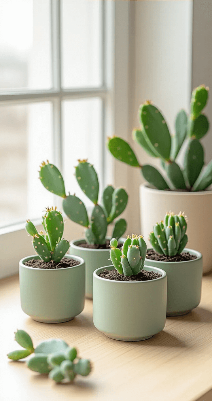 Minimalist plant propagation setup with matte sage green ceramic pots holding Christmas cactus cuttings on a light wooden surface, illuminated by soft natural light from an east-facing window, showcasing delicate roots and a neutral color palette of sage, cream, and warm wood tones.
