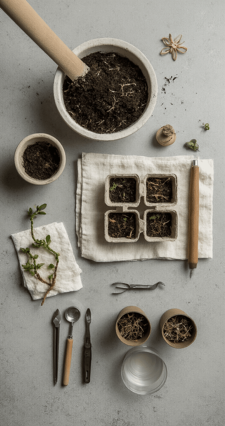 Overhead view of a propagation workspace featuring stages of Christmas cactus reproduction; includes a soil mixing station, drying stem segments on linen, and rooting containers showcasing different growth phases, all styled professionally on a neutral gray concrete surface under soft light.