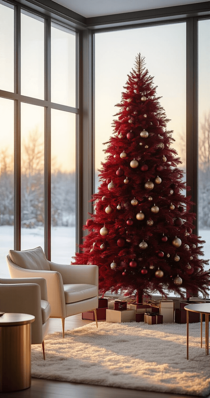 A luxurious living room featuring a deep crimson artificial Christmas tree adorned with vintage gold ornaments and burgundy baubles, illuminated by warm golden hour light filtering through floor-to-ceiling windows overlooking a snowy landscape. Scandinavian modern furniture complements the scene, with cream leather chairs and brushed brass side tables atop a plush cream wool rug.