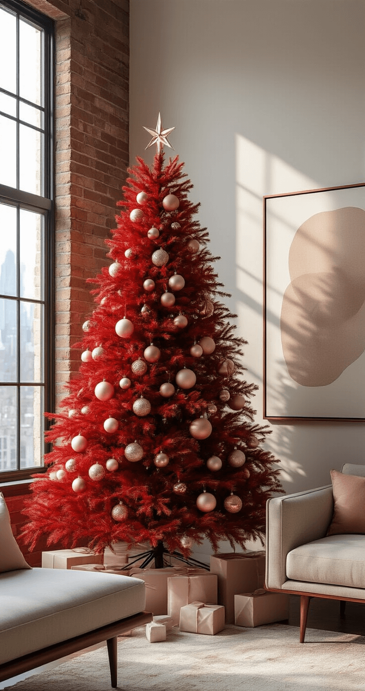 Intimate interior of a sophisticated New York apartment featuring a tall red Christmas tree adorned with blush pink, bronze, and cream ornaments, positioned in a minimalist corner with an exposed brick wall. Warm white lighting casts dramatic shadows, highlighting mid-century modern furniture and a large abstract art piece in neutral tones. The low angle perspective emphasizes the tree's height and textures, creating a moody, elegant holiday atmosphere.