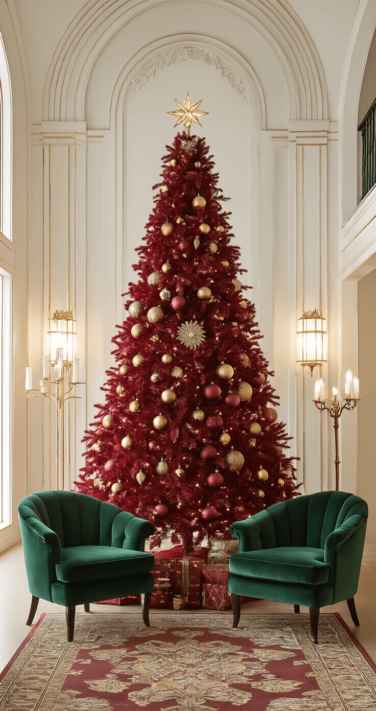 A vintage glam interior showcasing a maroon red Christmas tree adorned with deep gold, burnished bronze, and rich burgundy ornaments, in a high-ceilinged room with Art Deco architectural details. The scene features oversized vintage-style finials, mercury glass balls, deep emerald green velvet armchairs, an antique brass floor lamp, and an ornate area rug. Soft side lighting casts dramatic shadows, highlighting the textures of the ornaments, while the camera captures the tree's full height with cinematic lighting that enhances the nostalgic holiday aesthetic.