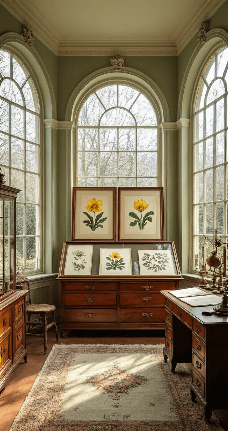 An ultra-detailed interior of a botanical garden featuring large arched glass windows diffusing soft winter light, vibrant watercolor sketches of winter aconite on aged cream walls, vintage mahogany cabinets with brass accents, an antique drafting table with botanical journals, pressed flower specimens in glass frames, muted sage green walls, a soft wool Persian rug, and copper botanical instruments, all bathed in warm amber lighting.