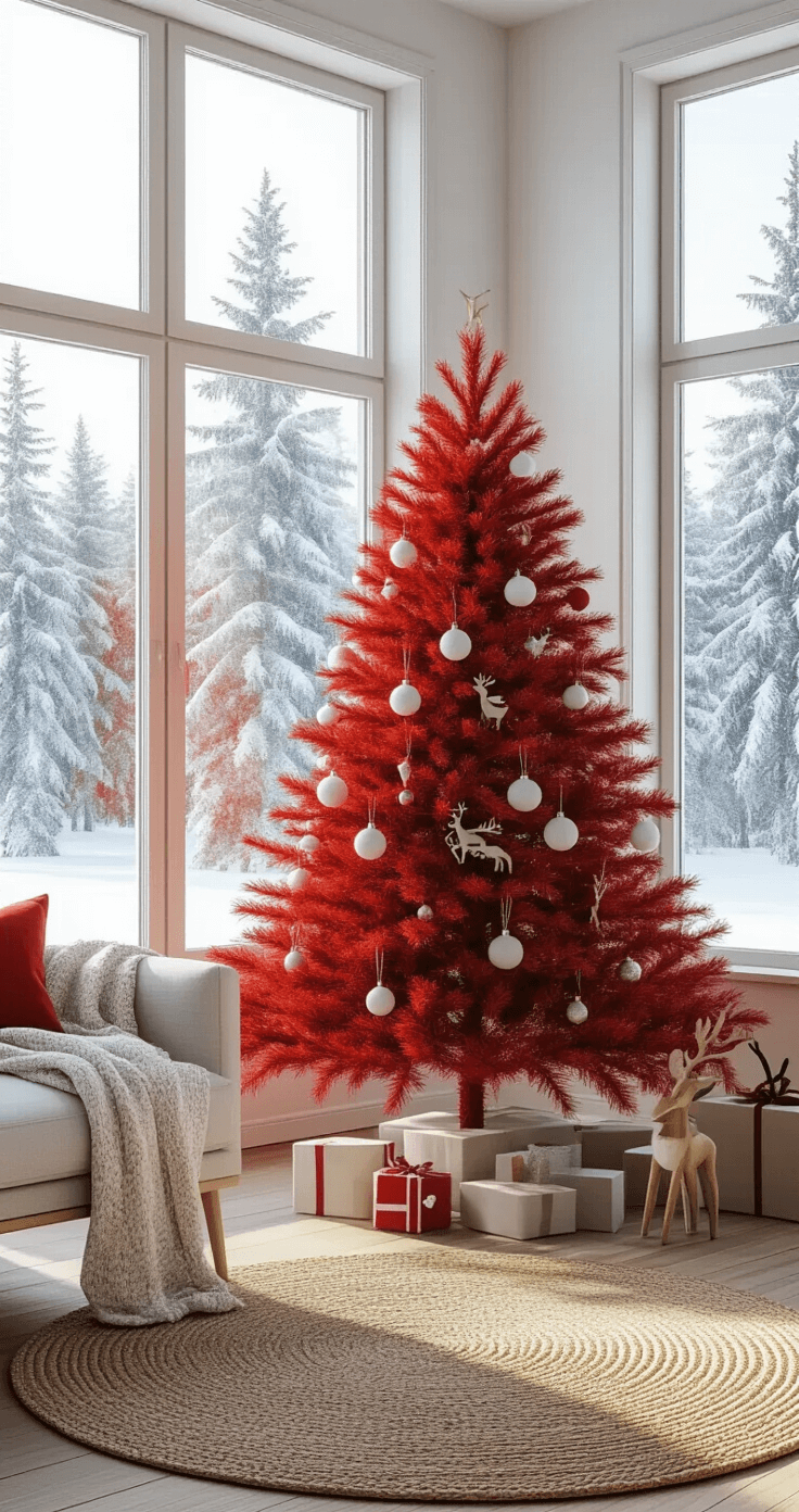 Cozy Scandinavian living space featuring a bright red artificial Christmas tree adorned with white and red ornaments, wooden reindeer figurines, and glass baubles, situated near large windows with views of a snowy pine forest, complemented by natural textures like a jute rug and wool throws, all bathed in soft daylight.