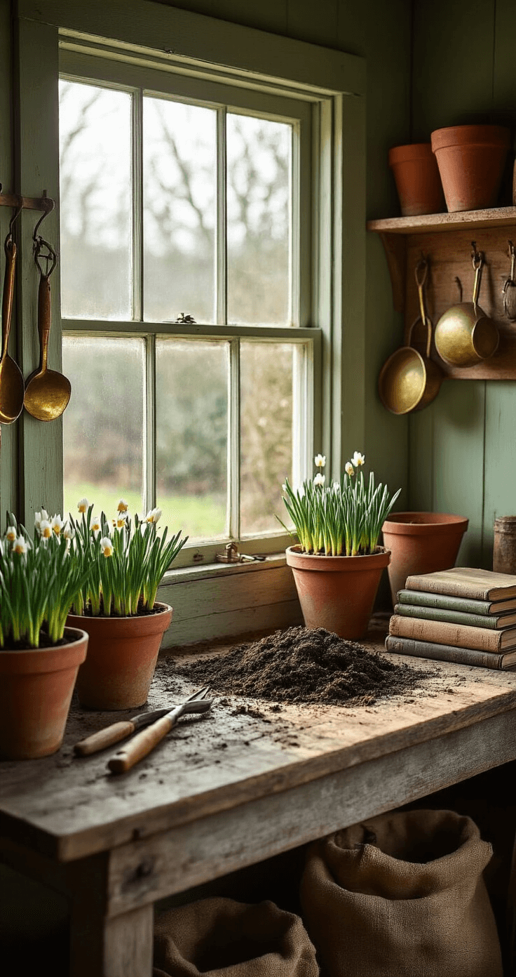 A rustic potting shed interior depicting a workspace for preparing winter aconite bulbs, featuring a weathered wooden workbench scattered with gardening tools, vintage terracotta pots filled with dark soil, and brass implements on an aged pegboard, illuminated by soft northern light. The scene includes detailed botanical reference books, worn leather gardening gloves, burlap seed storage bags, and ceramic containers with soaked tubers, all set against soft sage green walls, creating a warm, inviting atmosphere with intricate plant details.