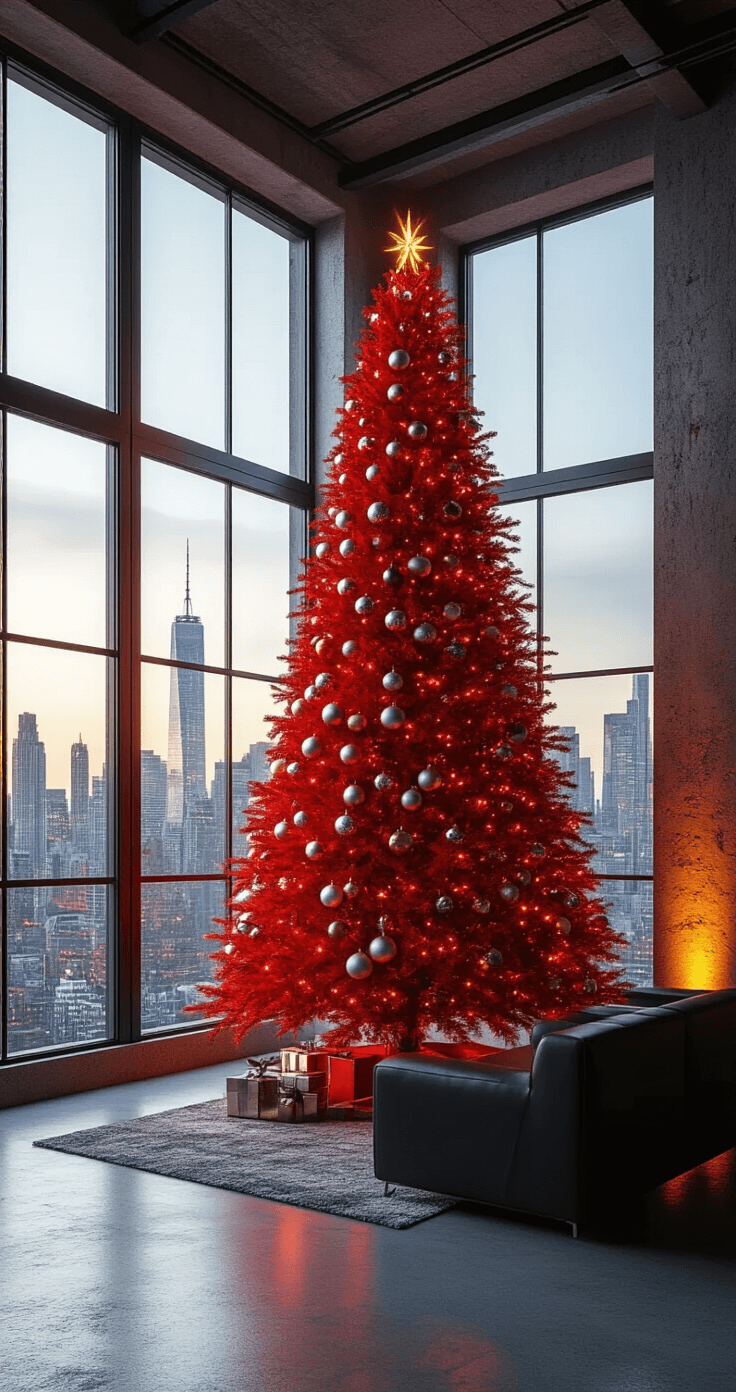 Urban loft interior featuring a towering red Christmas tree adorned with metallic ornaments, sleek black leather furniture, and industrial windows revealing a city skyline, illuminated by warm ambient lighting and color-changing lights.