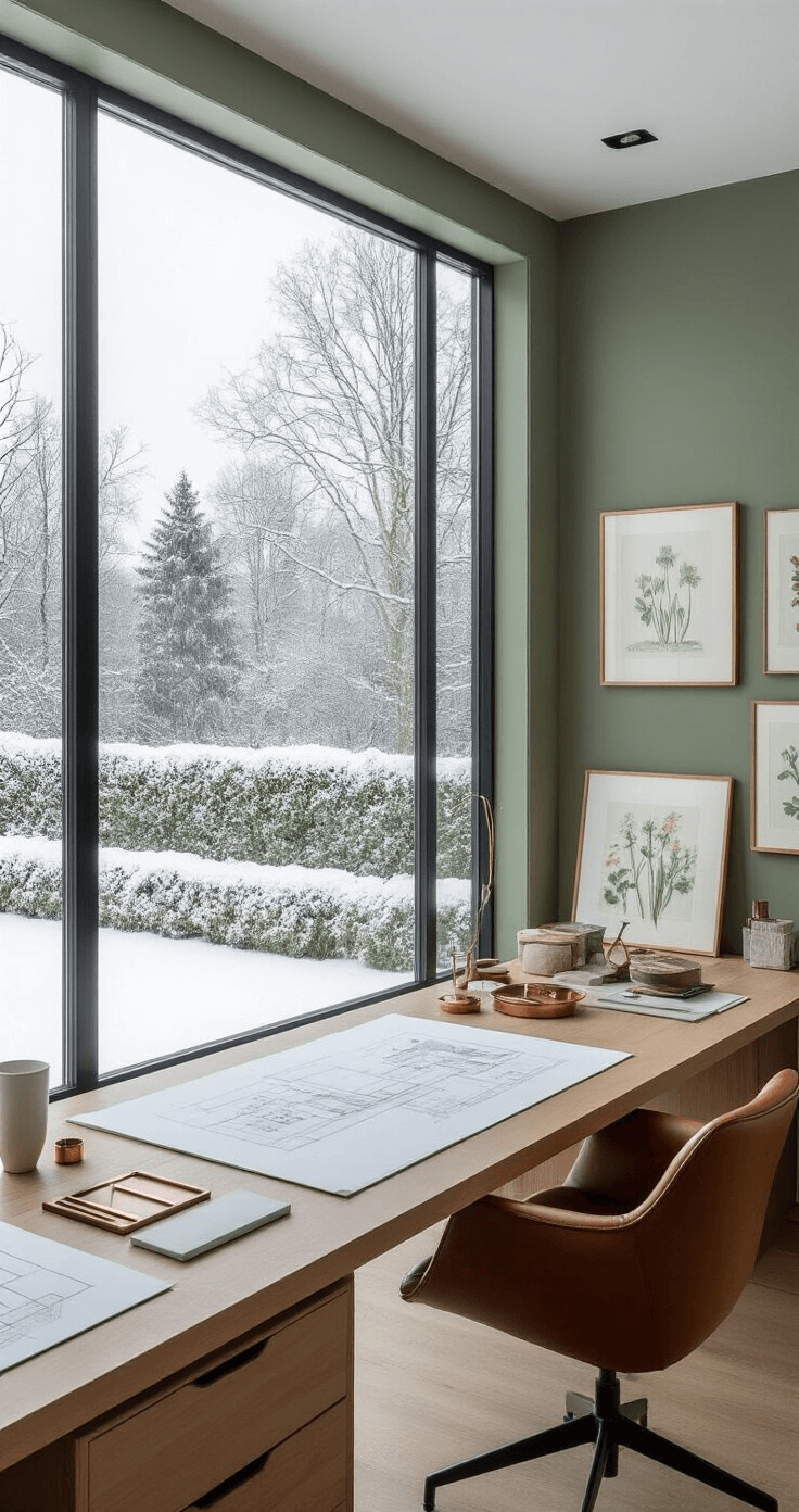 Intimate garden design studio featuring expansive floor-to-ceiling windows with a snow-dusted winter landscape, modern minimalist workspace with muted sage green walls, an architectural drawing table with a winter aconite planting schema, a Scandinavian design leather chair, and a collection of pressed botanical specimens in floating glass frames, all bathed in soft diffused winter light.