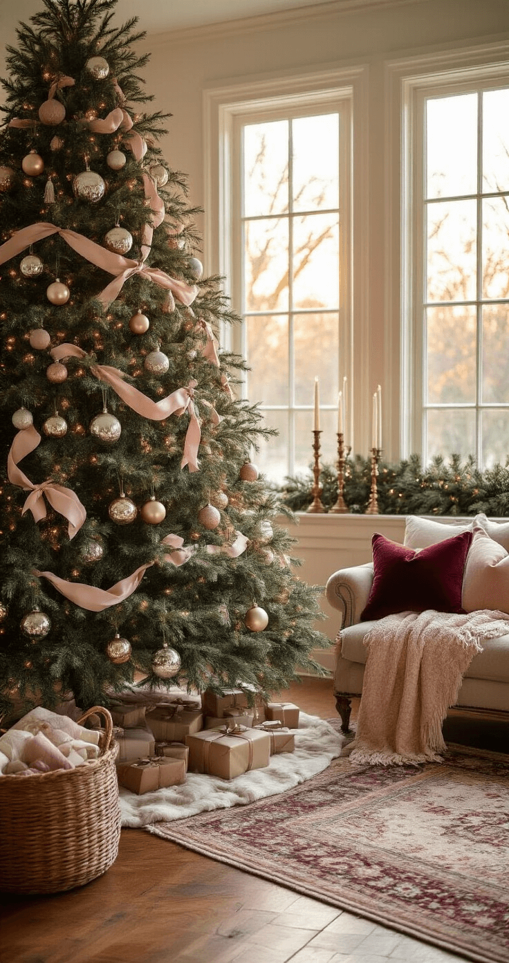 Ultra-detailed cozy living room scene featuring a massive Christmas tree adorned with vintage mercury glass ornaments and pastel ribbon, illuminated by soft golden hour light filtering through large windows. The space boasts hardwood floors, a plush vintage Persian rug, layered velvet throw pillows in blush and burgundy, a woven basket tree collar, and antique brass candlesticks on the mantel, complemented by a lush evergreen garland, creating a warm, nostalgic holiday atmosphere.