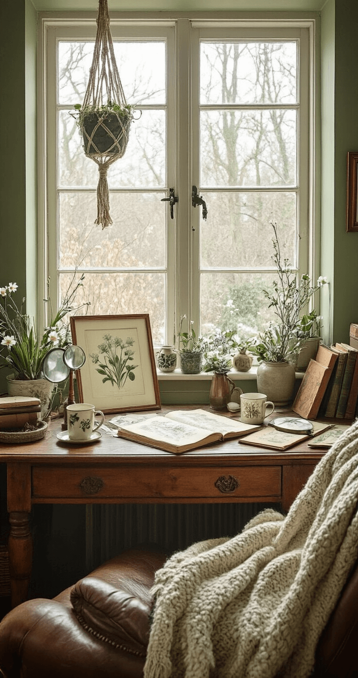 Cozy home gardening nook featuring a bay window with soft winter light, a vintage wooden library table with botanical research materials, an antique magnifying glass, watercolor supplies, pressed winter aconite specimens in glass frames, sage green walls, macramé plant hangers, herbal tea mugs, vintage botanical books, a wool throw on a leather armchair, and warm amber lighting, creating an intimate research atmosphere.