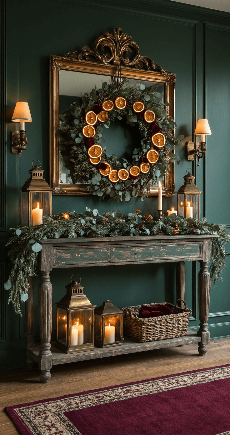 Elegant entryway decorated for Christmas with deep forest green walls, oversized brass wreath, antique lanterns, distressed wood console table, hardwood floor, and a festive wool runner, featuring ambient lighting and a large ornate mirror.