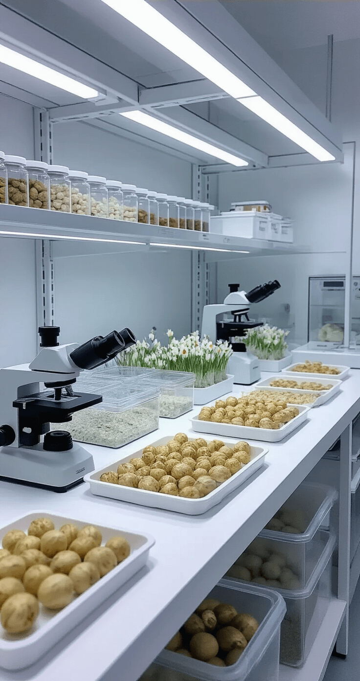 Professional seed laboratory interior featuring a winter aconite research station with advanced microscopy equipment, digital measuring instruments, and carefully arranged bulb specimens on white trays, all in a sterile white environment with soft diffused lighting and stainless steel workstations.