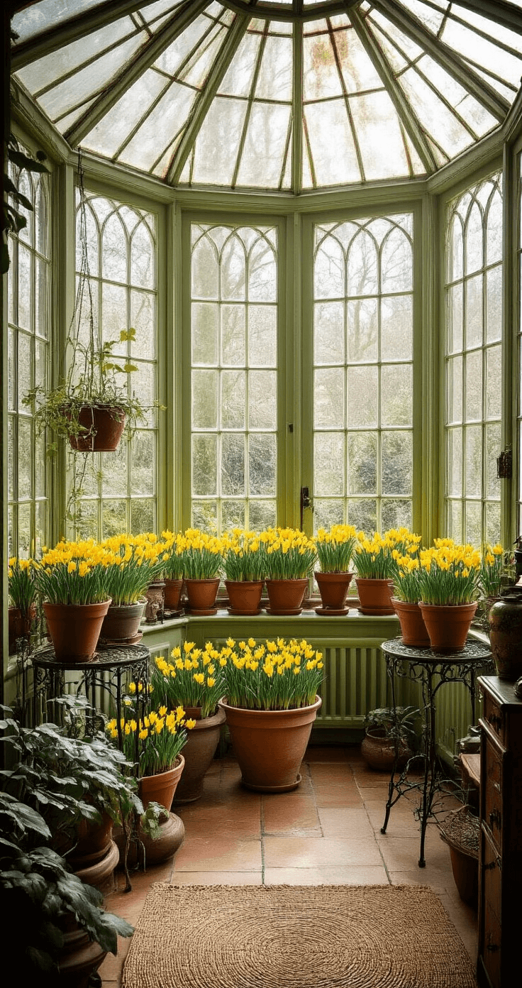 A vintage conservatory interior featuring an array of winter aconite plants displayed on wrought iron stands, with soft winter light filtering through an expansive glass structure. The scene includes aged terracotta pots, Victorian botanical illustrations on the walls, and vintage brass misting equipment, all set against soft sage green walls and warm amber lighting, highlighting the intricate plant details and architectural features.