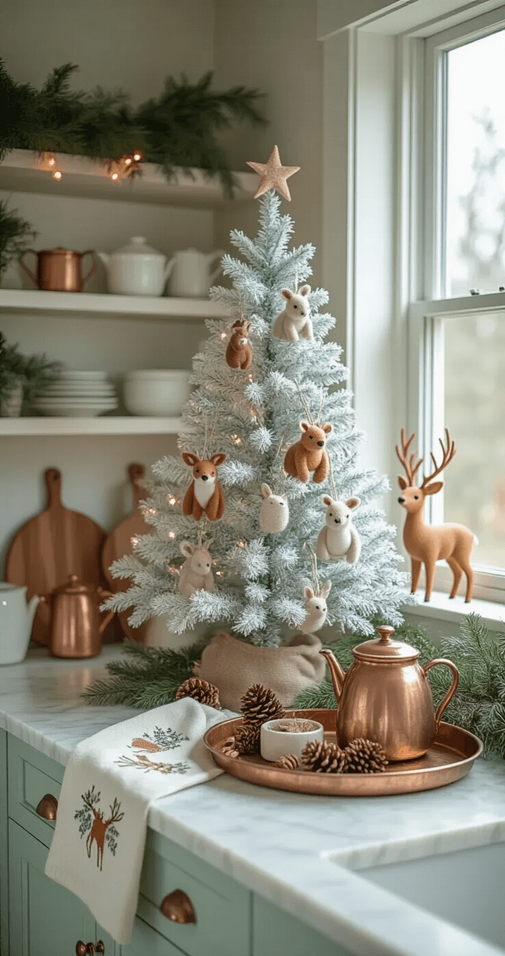 A whimsical woodland-themed kitchen featuring mint green cabinets, a small white Christmas tree with felted animal ornaments, marble countertops adorned with cinnamon sticks and pine cones, and soft string lights on open shelving, illuminated by natural light from a large window.