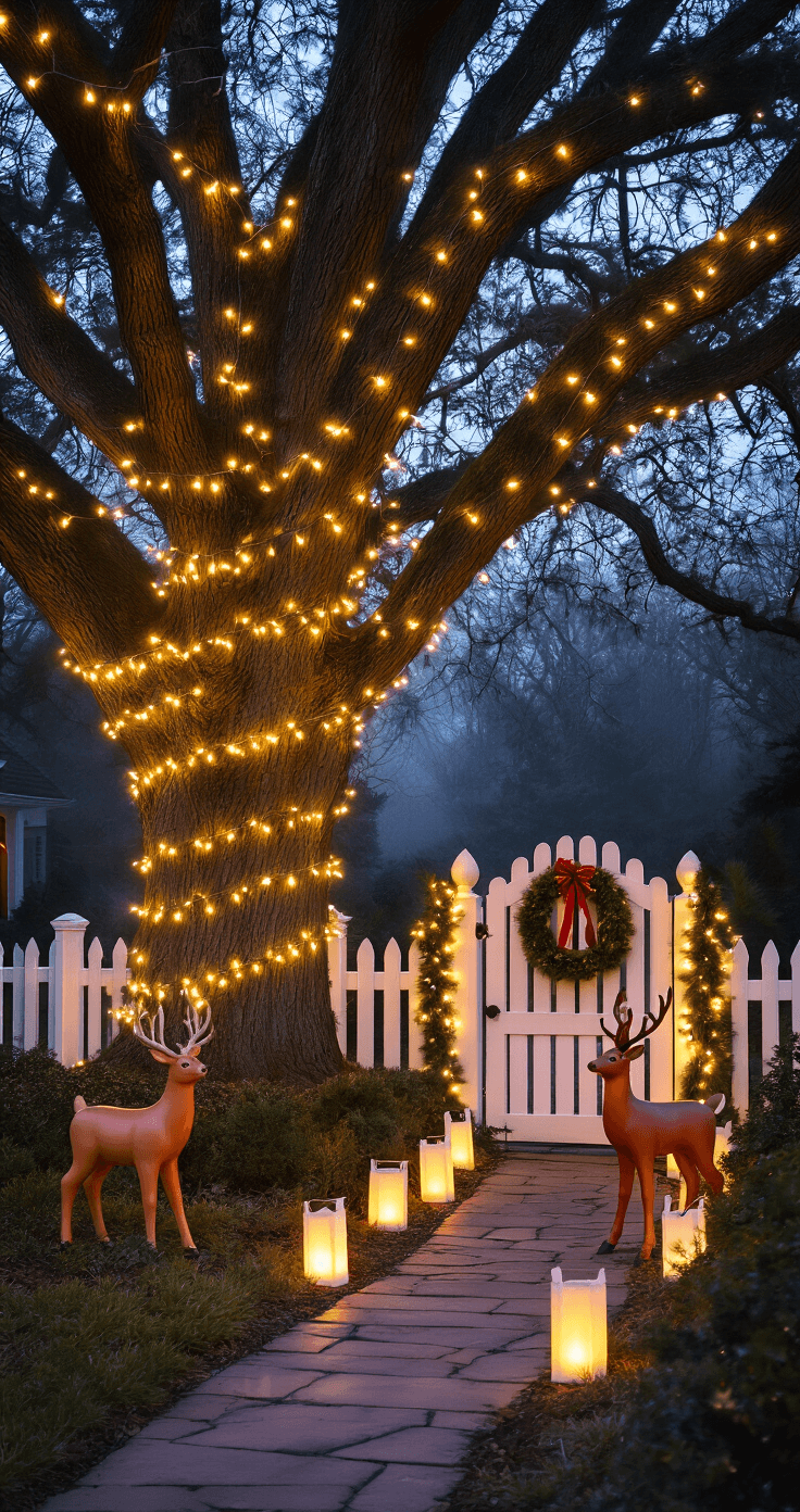 Wide-angle view of a traditional Christmas garden display at dusk, featuring warm white LED string lights on a mature oak tree, luminaria bags lining the pathway, vintage blow mold reindeer near a decorative gate with an evergreen wreath, and fresh pine garlands on a white fence, all enveloped in low fog for an ethereal effect.