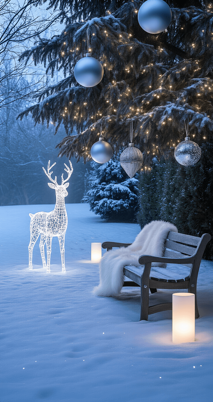 A winter wonderland garden featuring a snow-dusted lawn with lighted wireframe deer, a large outdoor Christmas tree adorned with cool white net lights and oversized silver and crystal ornaments, modern cylindrical frosted glass pathway lights illuminating the path, subtle blue uplighting on evergreen shrubs, and a weathered wooden bench with a white faux fur throw, all under soft moonlight in a misty early morning atmosphere.