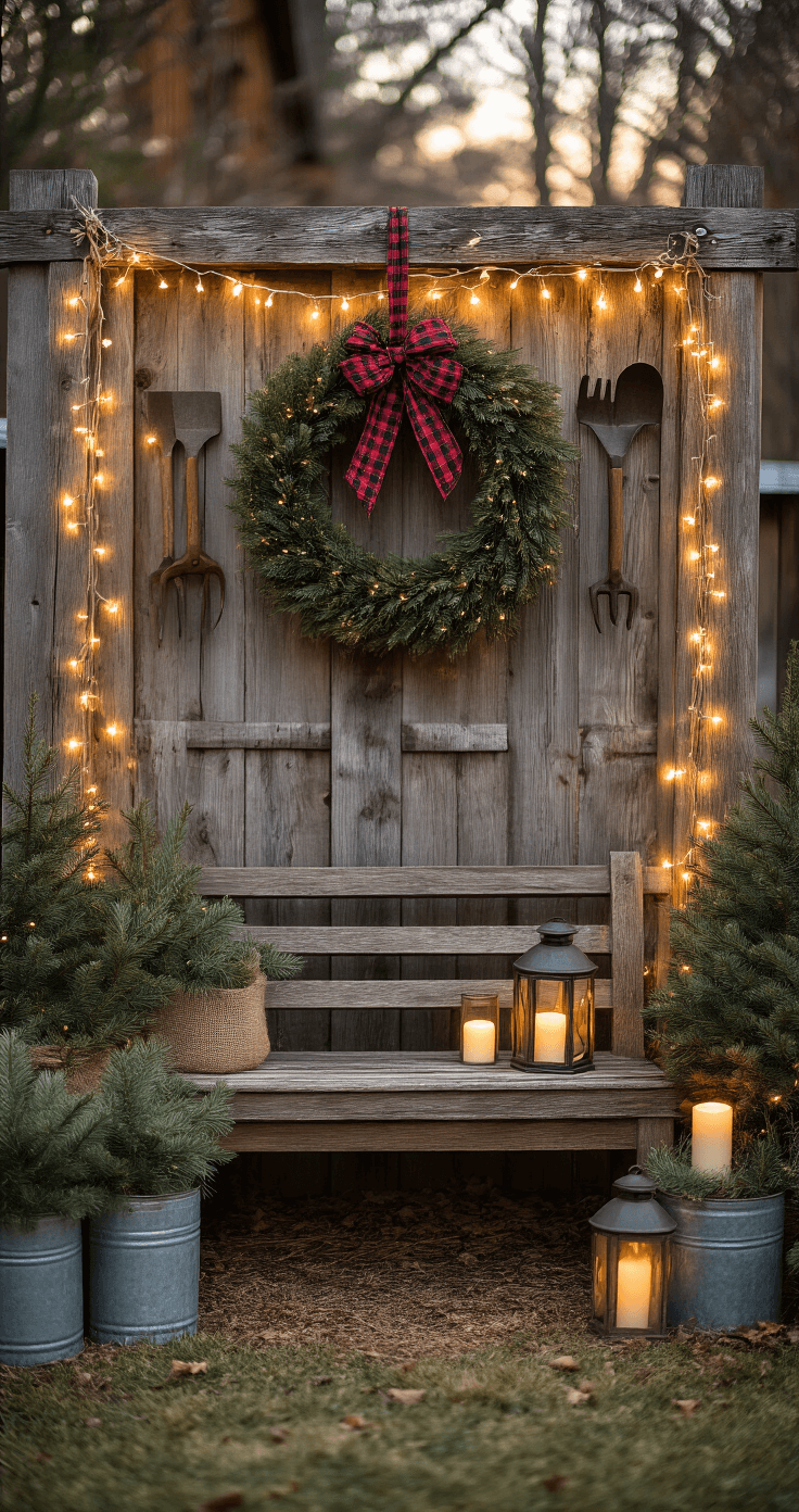Rustic farmhouse Christmas garden display at golden hour, featuring warm white fairy lights on vintage tools, a large wreath with plaid ribbon on a wooden gate, lanterns with candles by a reclaimed bench, and pine arrangements in galvanized planters, all captured from an overhead perspective with soft, diffused lighting.