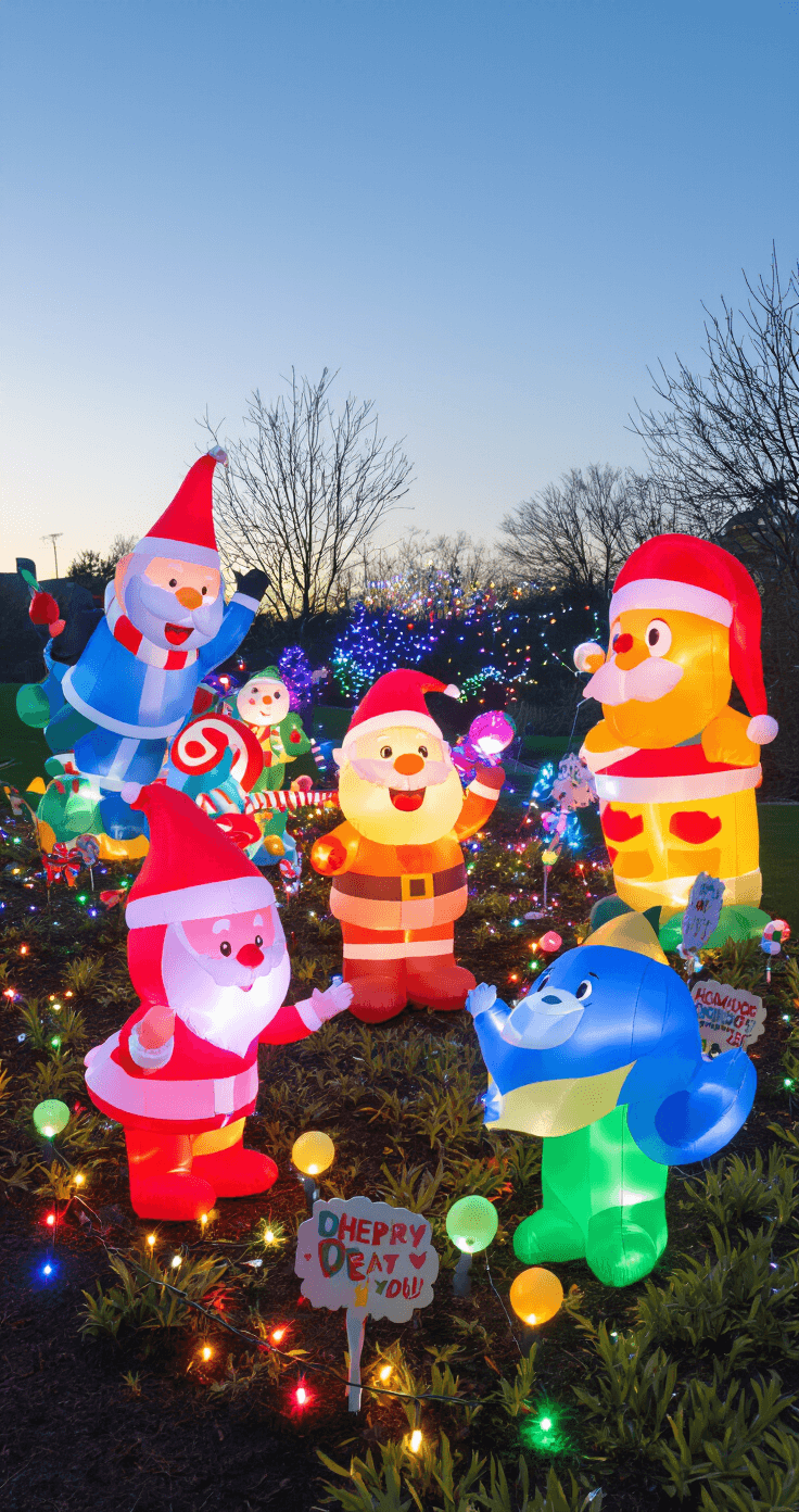 A vibrant Christmas garden scene featuring large inflatable characters, colorful LED lights illuminating garden beds, oversized candy-colored ornament yard stakes, whimsical holiday flags, animated light-up figures, and children's handmade decorations, all captured in twilight with a joyful, celebratory atmosphere.