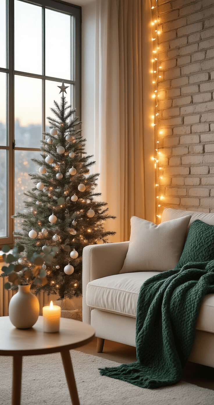 A warm and intimate living room corner at dusk, featuring a slim 4-foot pencil tree with white and silver ornaments, a soft cream velvet sofa with a forest green throw, battery-operated candles, and fairy lights draped along a large window; an exposed brick wall and natural wood side table with eucalyptus branches add depth and texture.