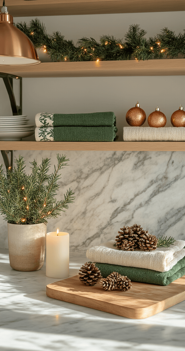 A warm, inviting compact kitchen adorned for the holidays, featuring a marble countertop with forest green and cream tea towels, a potted rosemary plant with fairy lights, a wooden cutting board decorated with pinecones and a pillar candle, and copper ornaments. Open shelving displays a subtle greenery garland, with soft overhead lighting enhancing the textures and natural elements.
