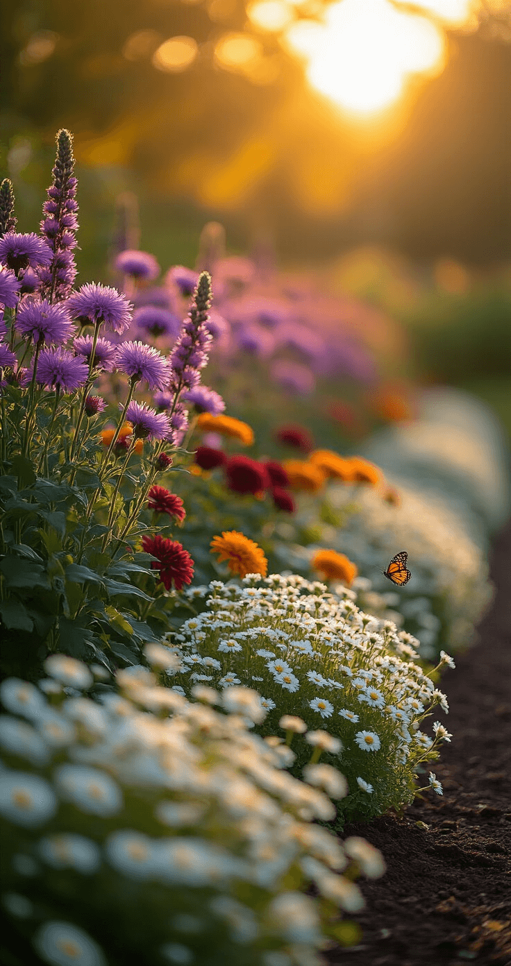A golden-hour garden scene showcasing tall purple asters in the background, mid-height chrysanthemums in burgundy and orange, and low-growing white sweet alyssum in the foreground, illuminated by soft autumn sunlight, with butterflies near the blossoms and detailed textures of flowers against rich earthy soil.
