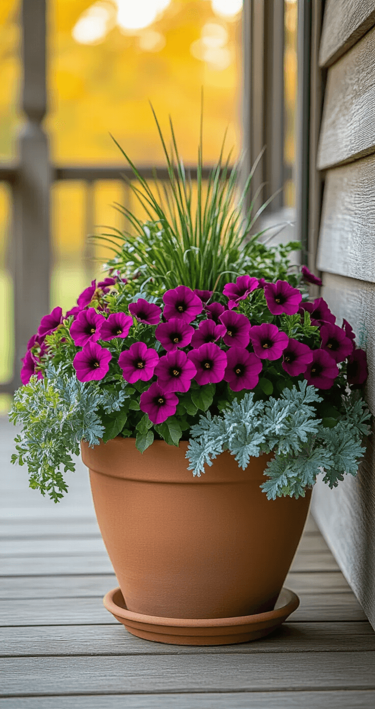 An elegant fall container garden featuring a large terracotta planter overflowing with vibrant magenta and lavender calibrachoa, cascading verbena, and silvery ornamental kale, set on a rustic wooden porch illuminated by soft morning light.