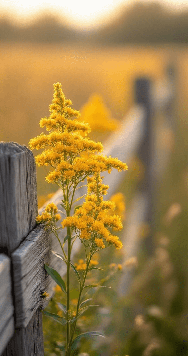 Close-up of goldenrod wildflowers with golden plume-like blossoms along a rustic wooden fence, bathed in soft fall morning light. The image showcases extreme detail of the flower structure against a softly blurred background of native grasses and a subtle landscape, highlighting drought-tolerant characteristics in rich earth tones and golden yellow hues.