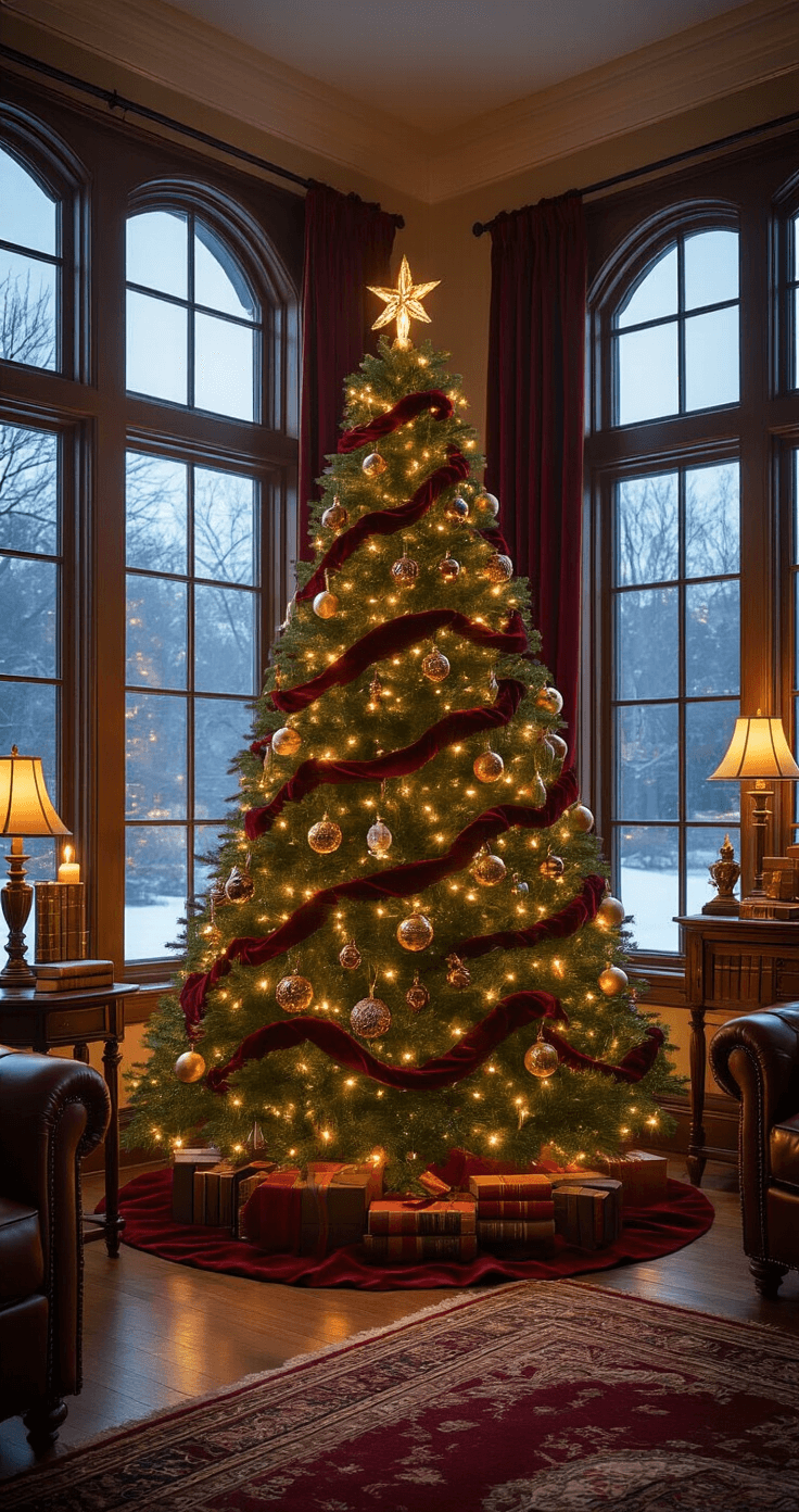 A cozy living room adorned with a lavish Gryffindor-themed Christmas tree, illuminated by soft golden candle lights, featuring burgundy velvet ribbons and antique gold Harry Potter ornaments, with snowy landscape visible through large windows, rich mahogany furniture, a deep crimson area rug, and leather-bound Harry Potter books on side tables, creating a warm and intimate atmosphere.