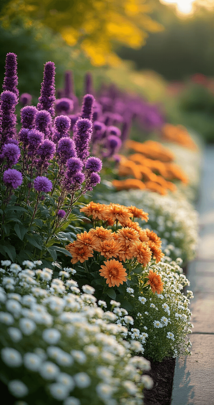 A beautifully designed garden border showcasing layered fall perennials, with tall deep purple asters at the back, mid-height warm orange and bronze chrysanthemums in the middle, and a delicate white ground cover of sweet alyssum, all bathed in soft afternoon light that casts gentle shadows, emphasizing the intentional plant placement and color harmony in a wide view.
