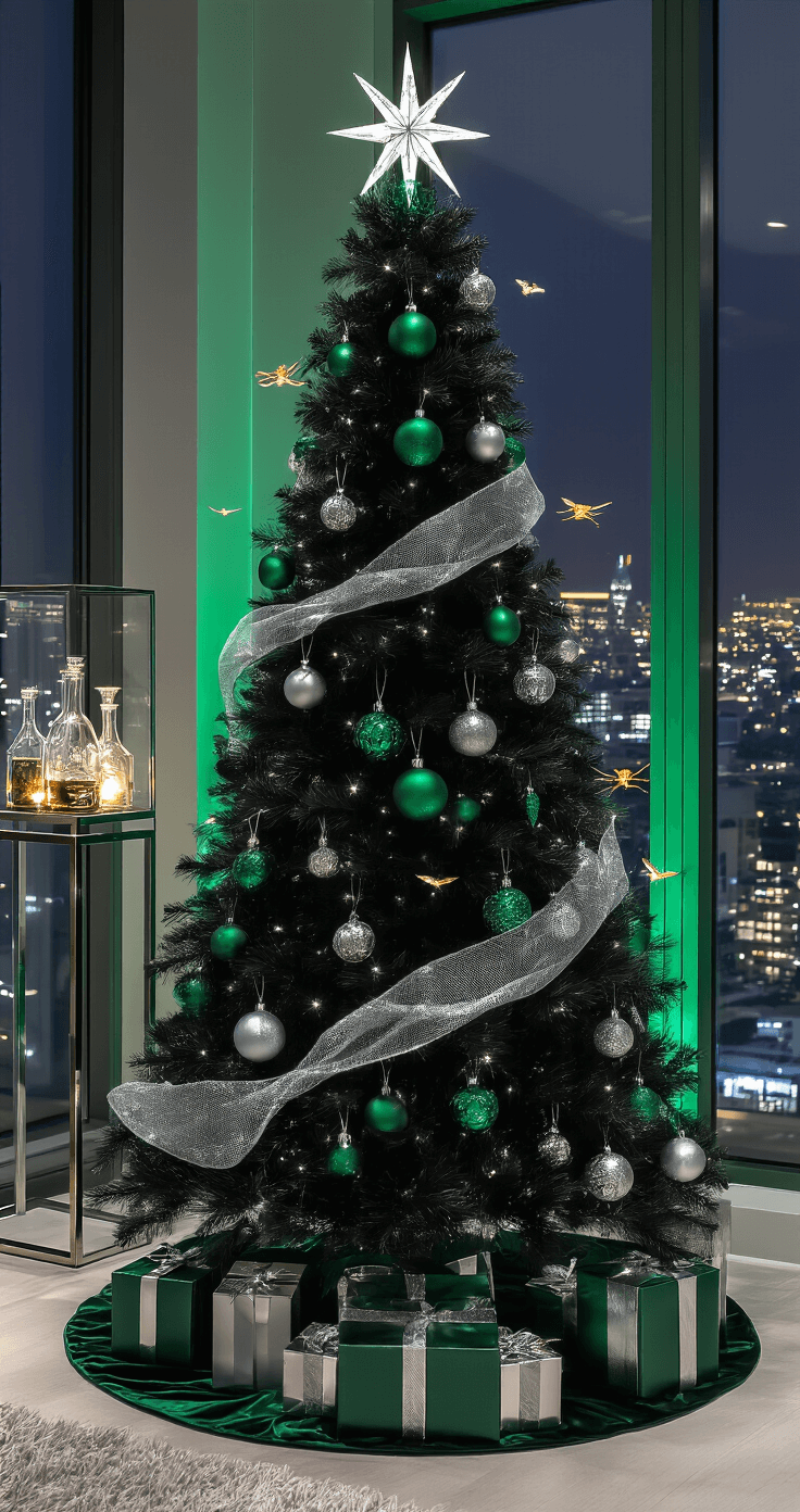 A black Christmas tree styled in Slytherin theme, adorned with emerald green and silver ornaments, set in a modern minimalist living room with sleek furniture and a cityscape view, illuminated by ambient LED lighting and featuring golden snitch ornaments.