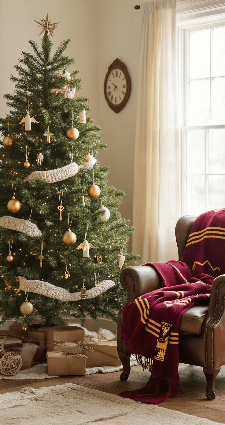 A rustic Christmas tree adorned with antique gold ornaments and house color ribbons, surrounded by a vintage leather armchair with a Gryffindor throw blanket. Winged key string lights illuminate handcrafted wand decorations and miniature glasses, set against an aged wooden floor and soft cream walls, creating a warm, nostalgic atmosphere.