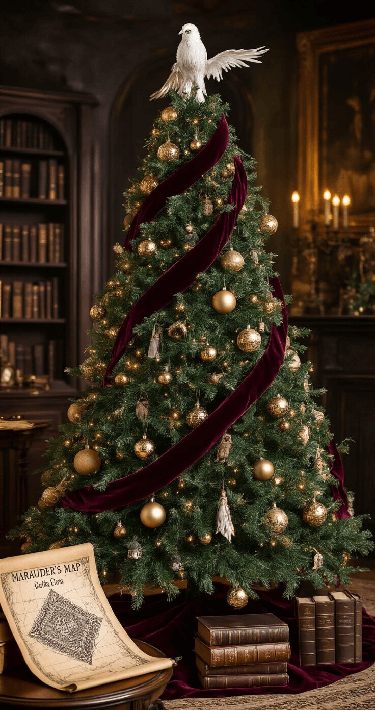 A beautifully decorated Christmas tree inspired by Harry Potter, featuring rich green branches adorned with antique gold ornaments and burgundy velvet ribbons. The scene includes warm overhead lighting that accentuates the glass ornament details, a partially unrolled Marauder's Map on a side table, vintage leather-bound books, and a sophisticated Hedwig tree topper, all set against a book-lined study with magical elements.