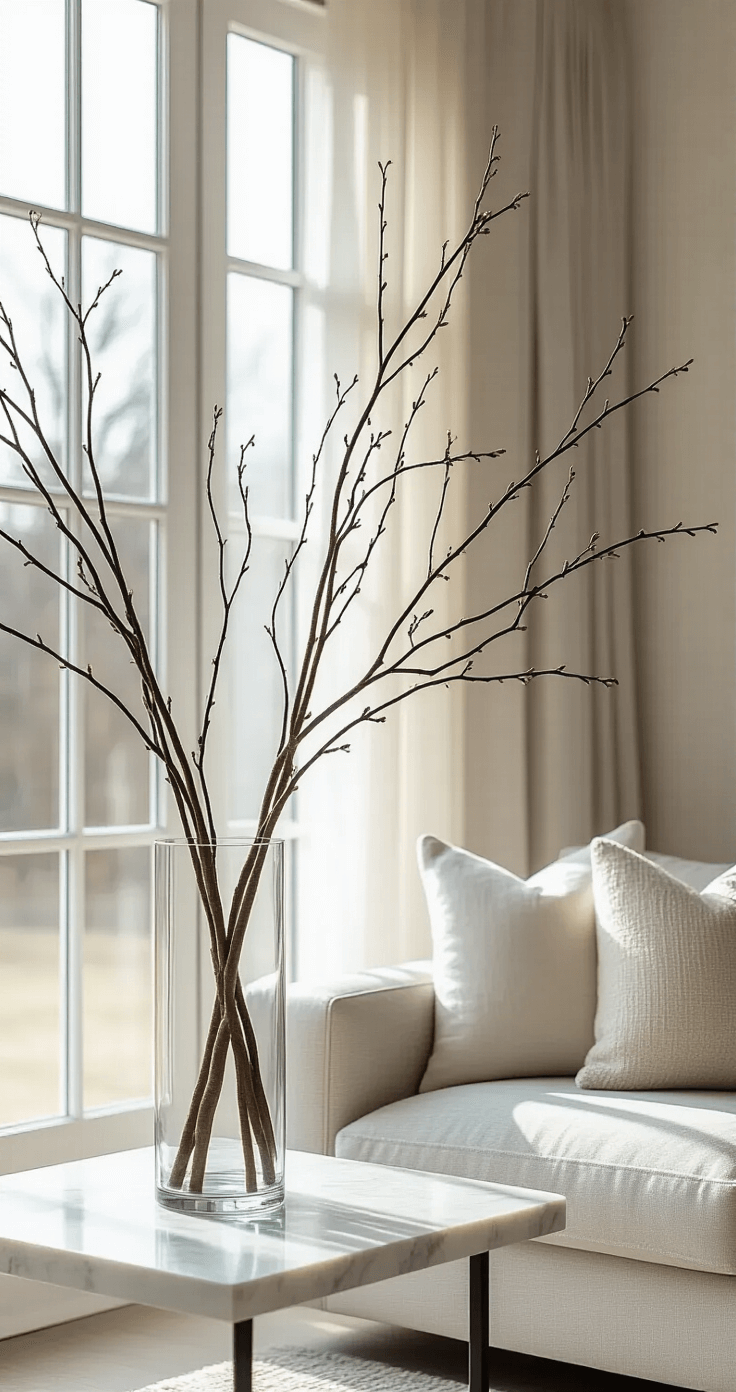 A stylish living room with natural light, featuring a tall glass vase of curly willow branches on a minimalist marble side table, a light gray linen sofa, and soft throw pillows, captured from a low angle.