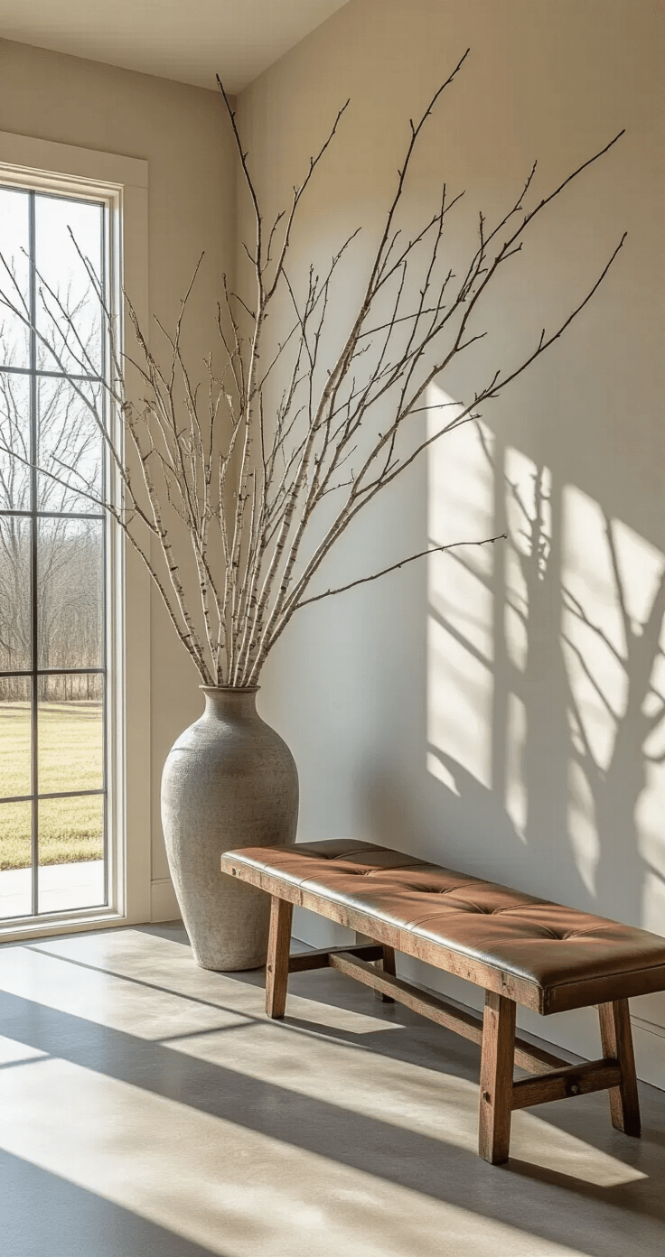 A modern farmhouse entryway featuring a large floor vase filled with white birch branches, a rustic wooden console table with aged brass accents, and a vintage leather bench, all illuminated by soft morning light casting long shadows.