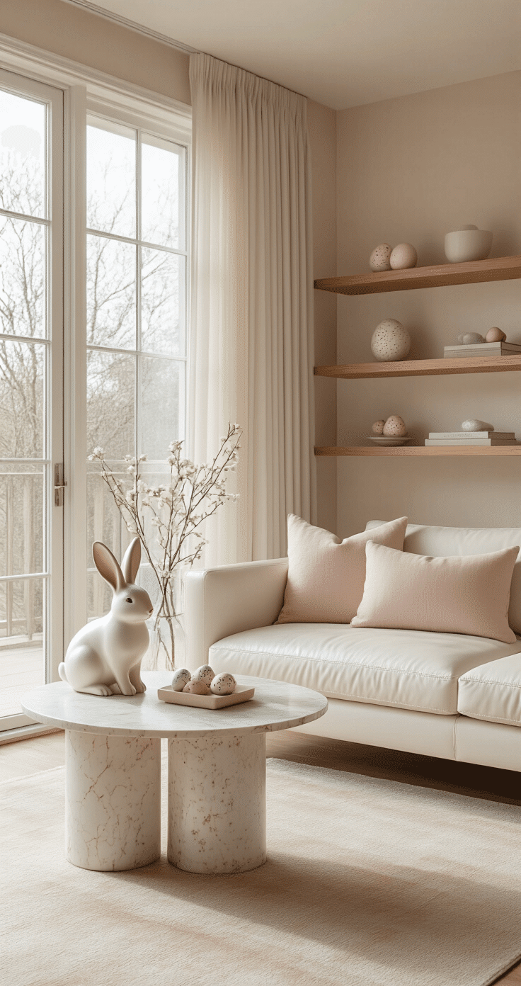 Ultra-realistic mid-century modern living room adorned with Easter decor, featuring a blush pink and cream palette, large windows for spring light, a minimalist white leather sofa, a gold-rimmed bunny sculpture, curated speckled eggs, and a flower arrangement, all captured in soft natural shadows with an emphasis on clean lines and elegant styling.