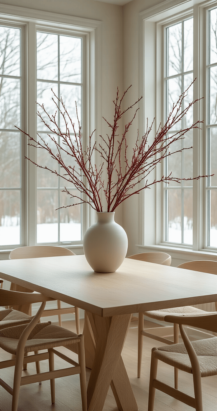 A Scandinavian-inspired dining room with a minimal white oak table and sculptural chairs, featuring a low ceramic vase with red twig dogwood branches against soft cream walls, large windows showcasing a winter landscape, and gentle diffused light.