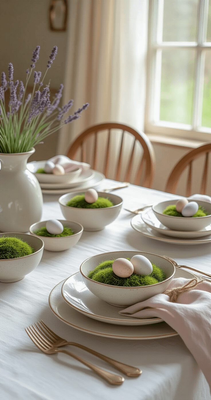 Elegant Easter dining table set with white linen tablecloth, pastel pink napkins tied with jute twine and lavender, moss-filled ceramic bowls with speckled eggs, white dinnerware with gold rim, and Windsor-style chairs, bathed in soft morning light filtering through sheer curtains, with spring greenery visible outside.