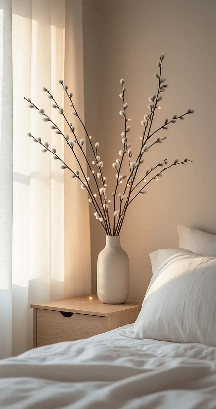 An intimate bedroom corner with pussy willow branches in a tall vase by sheer white curtains, featuring a soft blush and gray color palette, a minimalist wooden nightstand, and crisp white linens. Battery-operated fairy lights are wrapped around the branches, creating a soft glow during golden hour with side lighting that enhances textures and casts dramatic shadows.