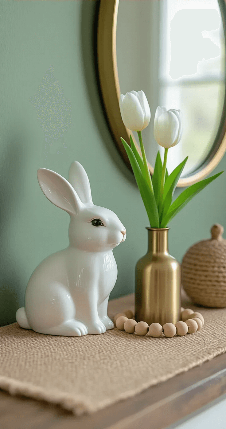 Sophisticated Easter vignette featuring a vintage white ceramic bunny, a natural wood bead ornament, and a single white tulip in a slim brass vase on a jute runner, set against a sage green textured wall, with a subtle brass mirror reflecting soft afternoon light.