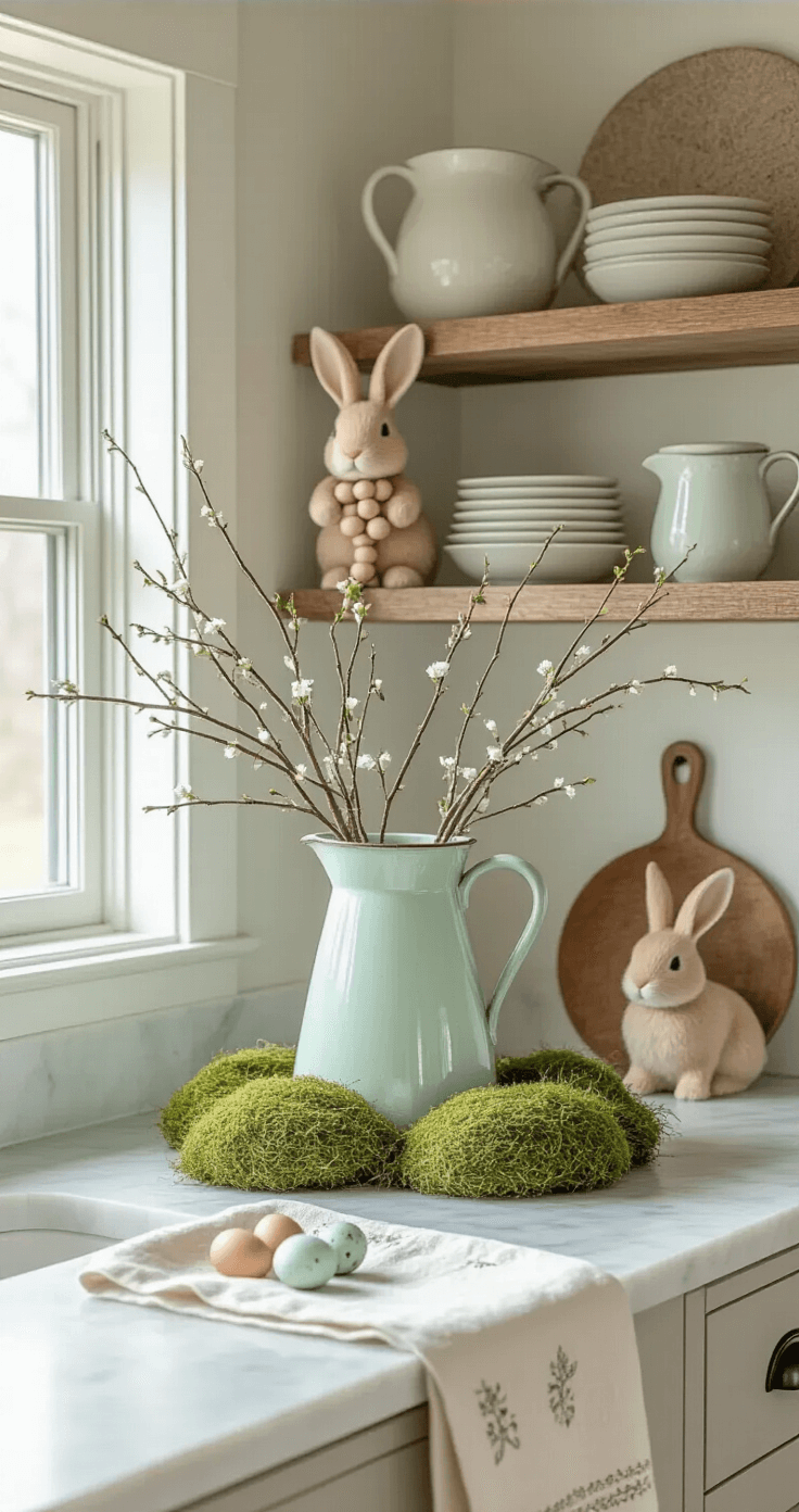 Rustic farmhouse kitchen styled for Easter featuring mint green and cream colors, open shelving with a handmade wood bead bunny, a vintage enamel pitcher with fresh spring branches, and neutral speckled eggs in moss, complemented by a marble countertop and a linen tea towel, all illuminated by soft natural light from a large window.